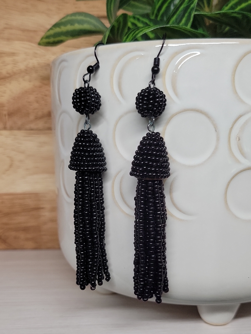 Black Beaded Dramatic Tassel Drop Earrings